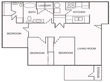 Floor plan for 3 beds, 2 baths, 1122 sqft